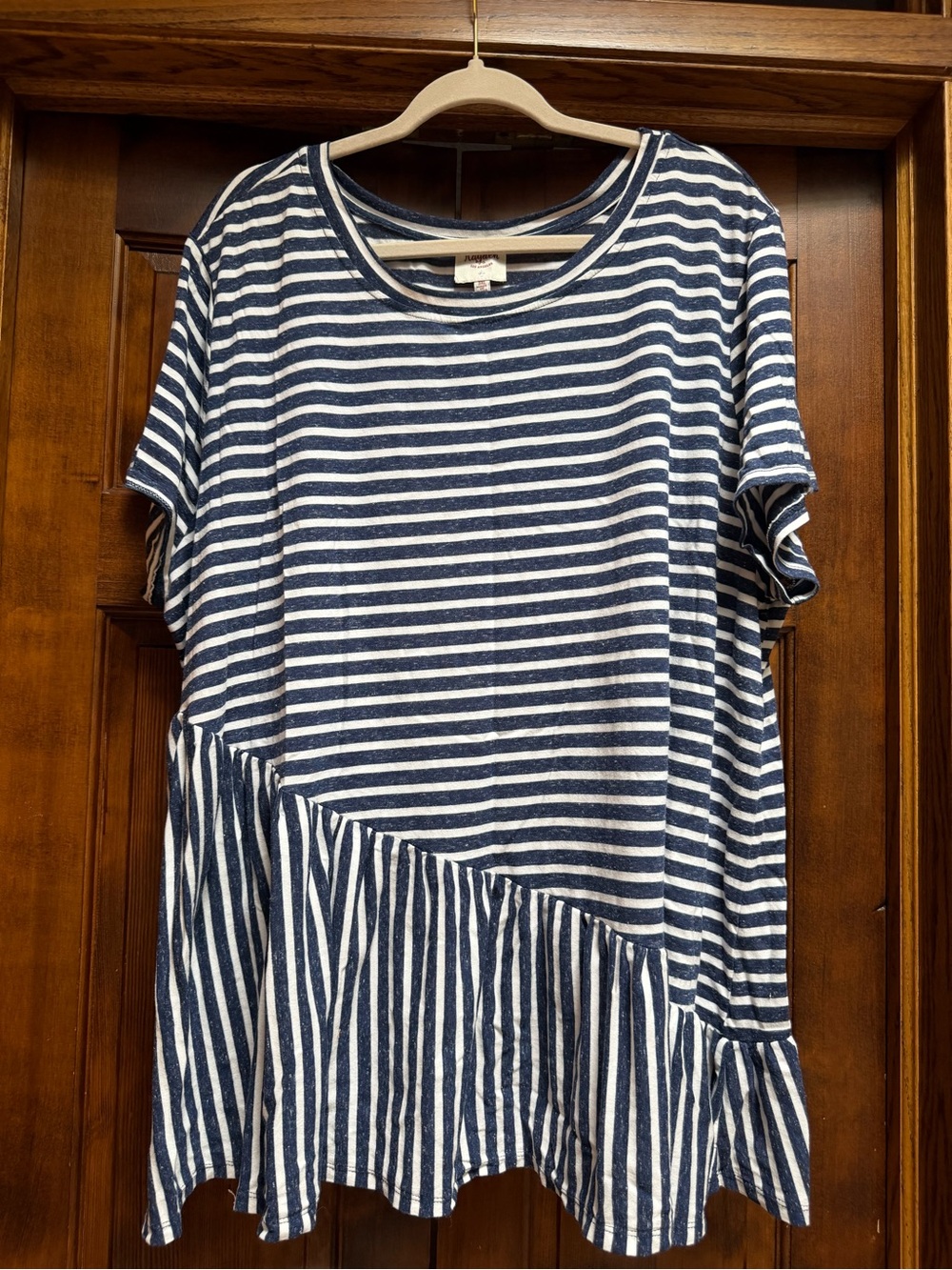 Hayden Los Angeles Navy & White Striped Short Sleeve Peplum Top, Size 3X